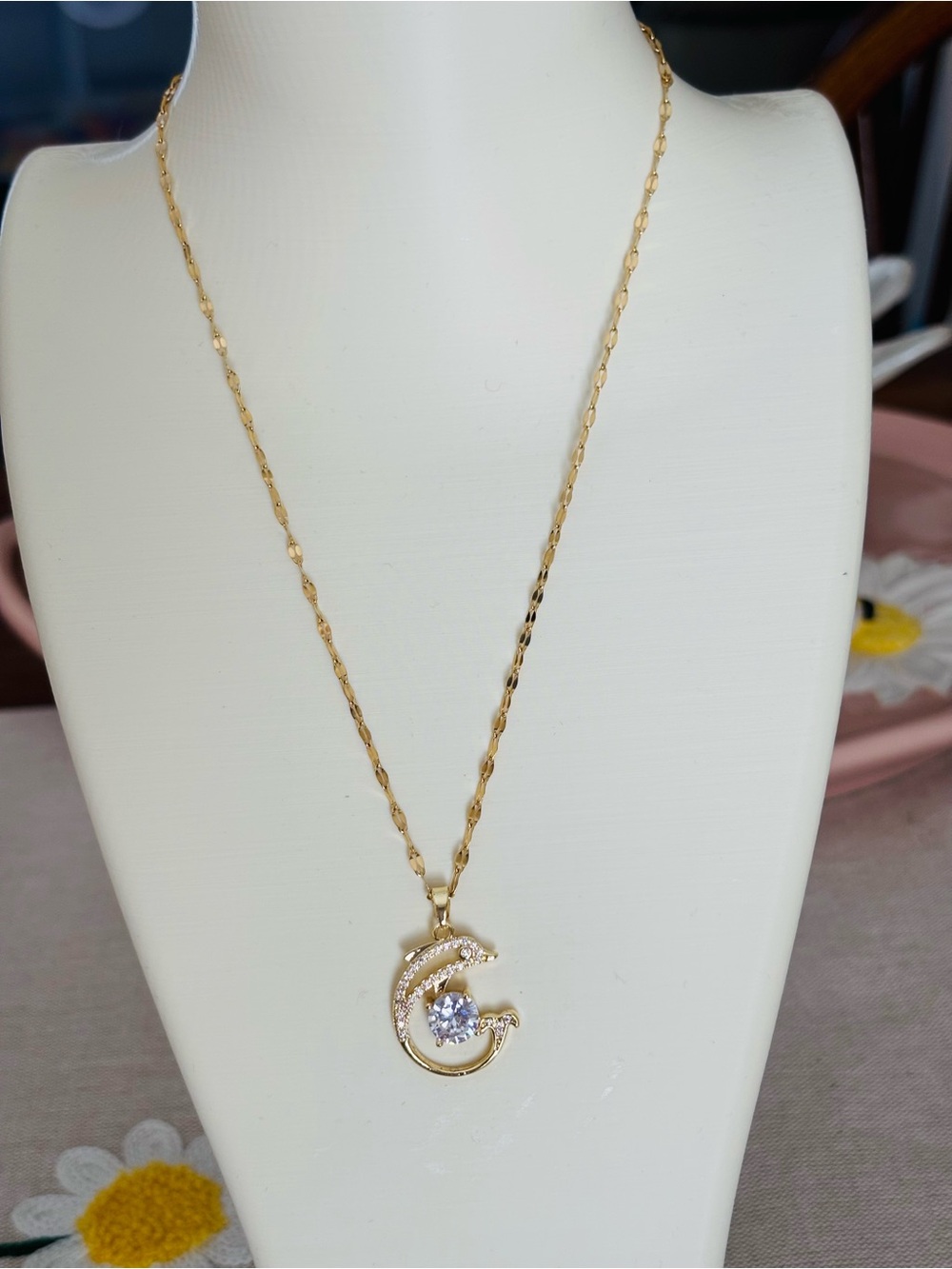 Gold Crescent Dolphin Crystal Pendant Necklace - Women Jewelry-NWOT